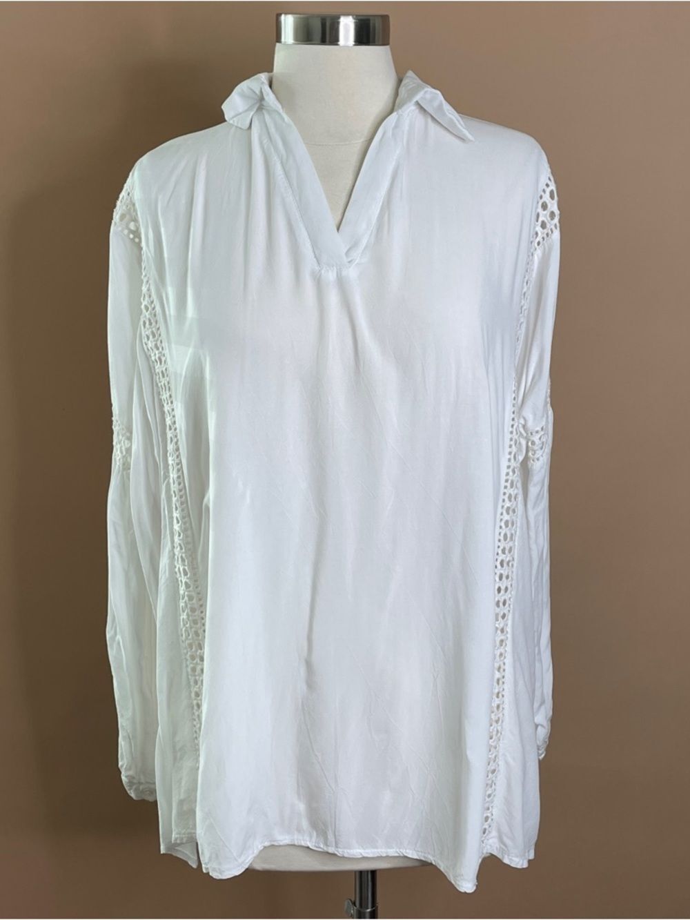Lnazz White Boho Lace Trim Long Sleeve Tunic Blouse Top Women's Size S